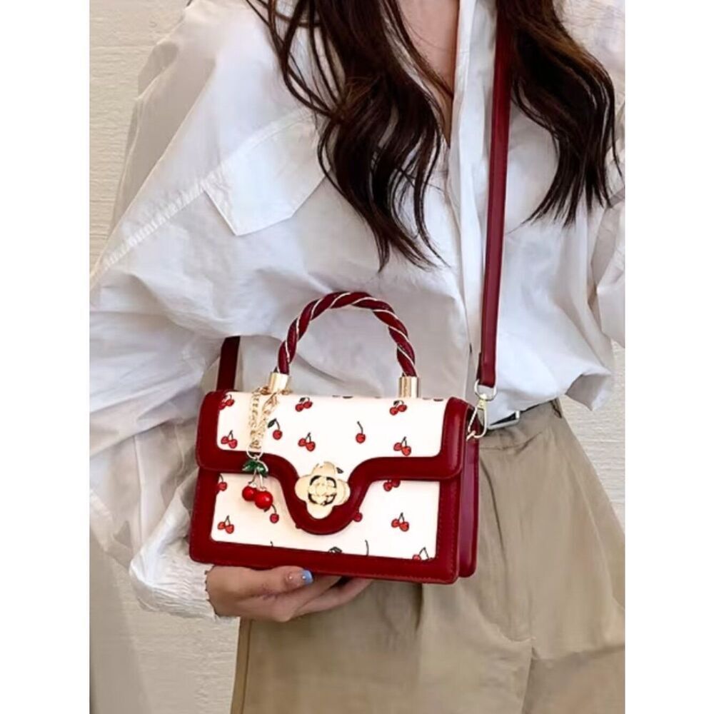 Cute NWT Cherry Print Coquette Kawaii Red Flap Square Top Handle Crossbody Bag